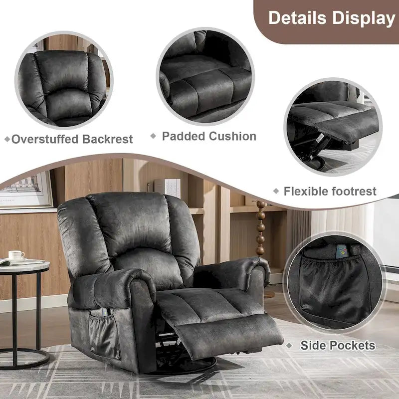 Fauteuil inclinable pivotant et basculant de massage chauffant surdimensionné avec poches latérales Marron Noir