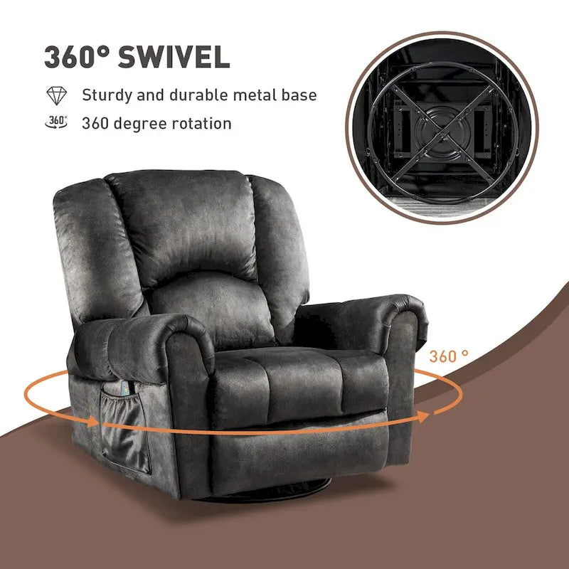 Fauteuil inclinable pivotant et basculant de massage chauffant surdimensionné avec poches latérales Marron Noir