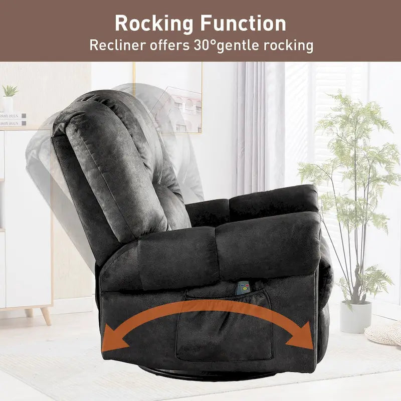 Fauteuil inclinable pivotant et basculant de massage chauffant surdimensionné avec poches latérales Marron Noir