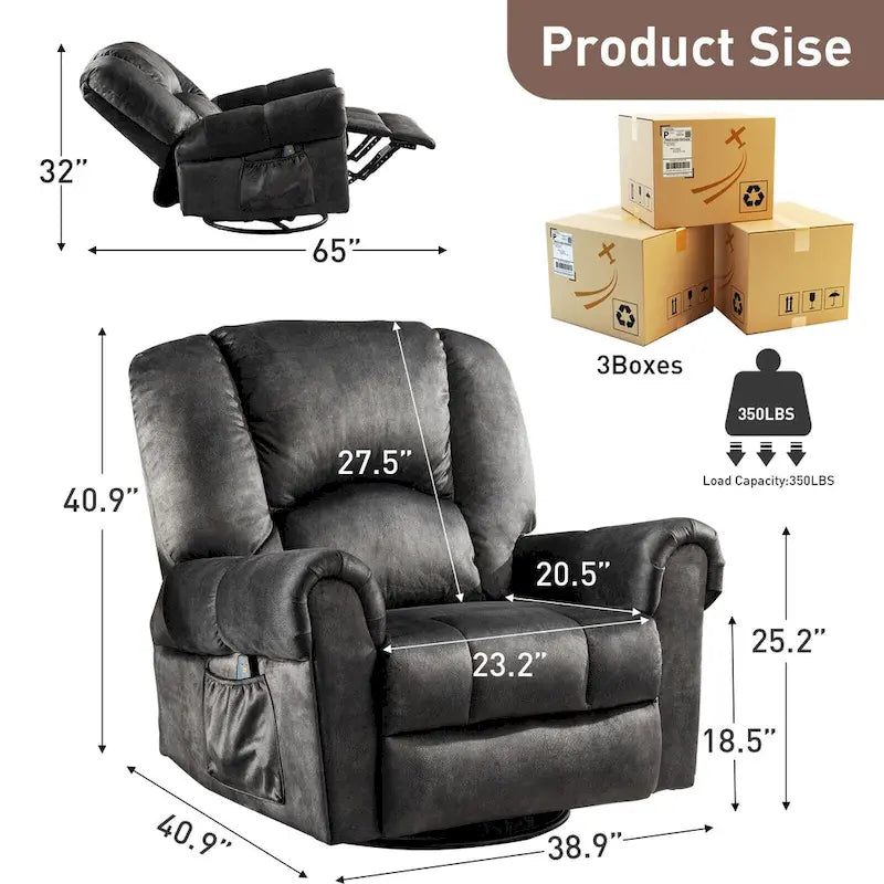 Fauteuil inclinable pivotant et basculant de massage chauffant surdimensionné avec poches latérales Marron Noir