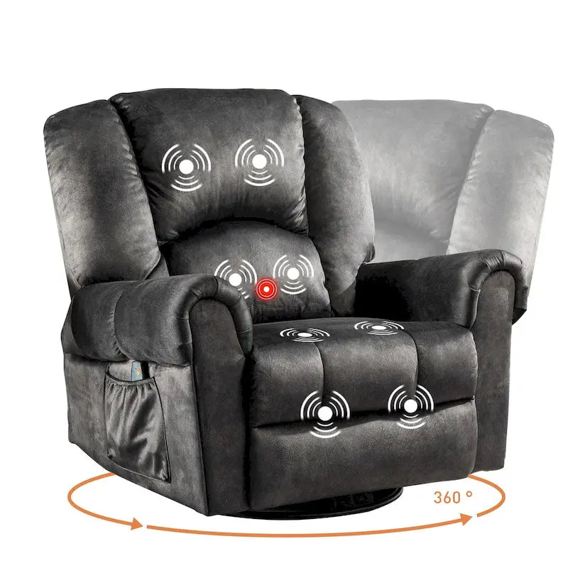 Fauteuil inclinable pivotant et basculant de massage chauffant surdimensionné avec poches latérales Marron Noir