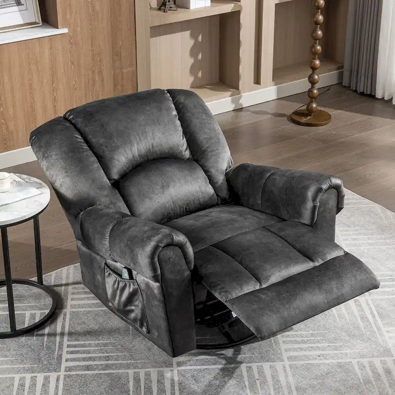 Fauteuil inclinable pivotant et basculant de massage chauffant surdimensionné avec poches latérales Marron Noir
