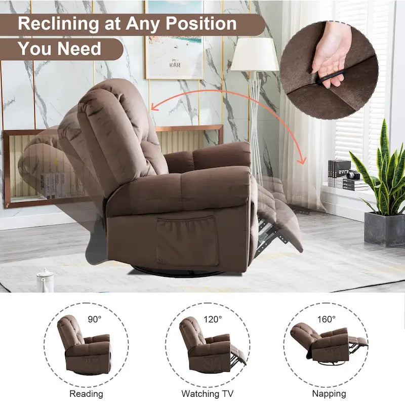 Fauteuil inclinable pivotant et basculant de massage chauffant surdimensionné avec poches latérales Marron Noir