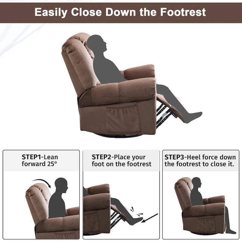 Fauteuil inclinable pivotant et basculant de massage chauffant surdimensionné avec poches latérales Marron Noir