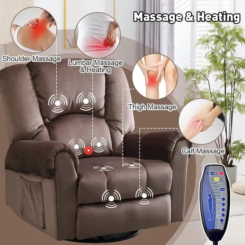 Fauteuil inclinable pivotant et basculant de massage chauffant surdimensionné avec poches latérales Marron Noir