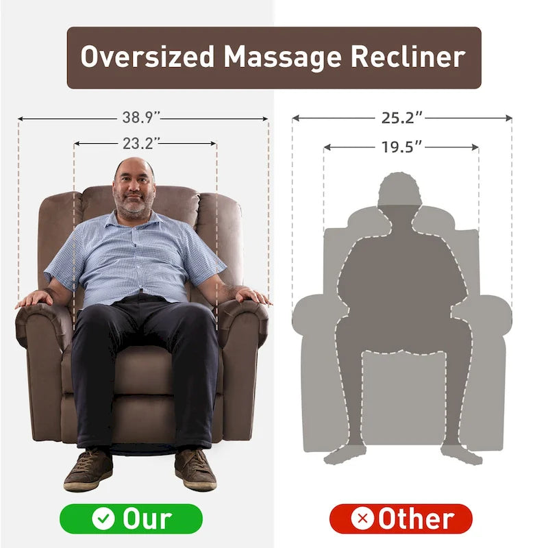 Fauteuil inclinable pivotant et basculant de massage chauffant surdimensionné avec poches latérales Marron Noir
