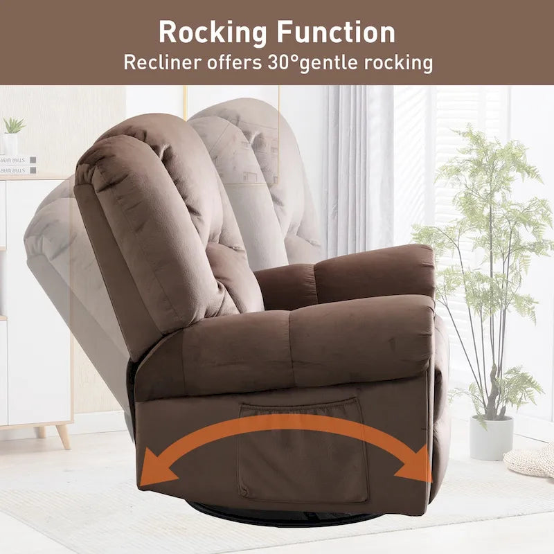 Fauteuil inclinable pivotant et basculant de massage chauffant surdimensionné avec poches latérales Marron Noir