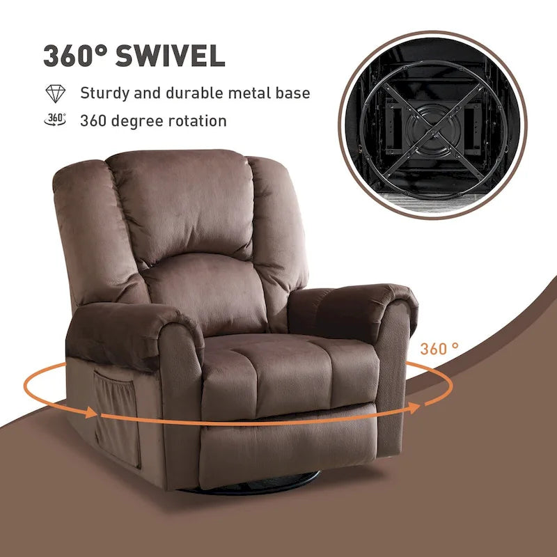 Fauteuil inclinable pivotant et basculant de massage chauffant surdimensionné avec poches latérales Marron Noir