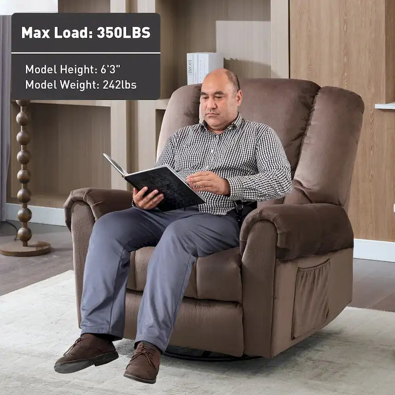 Fauteuil inclinable pivotant et basculant de massage chauffant surdimensionné avec poches latérales Marron Noir