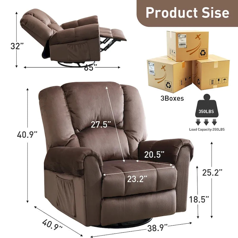Fauteuil inclinable pivotant et basculant de massage chauffant surdimensionné avec poches latérales Marron Noir