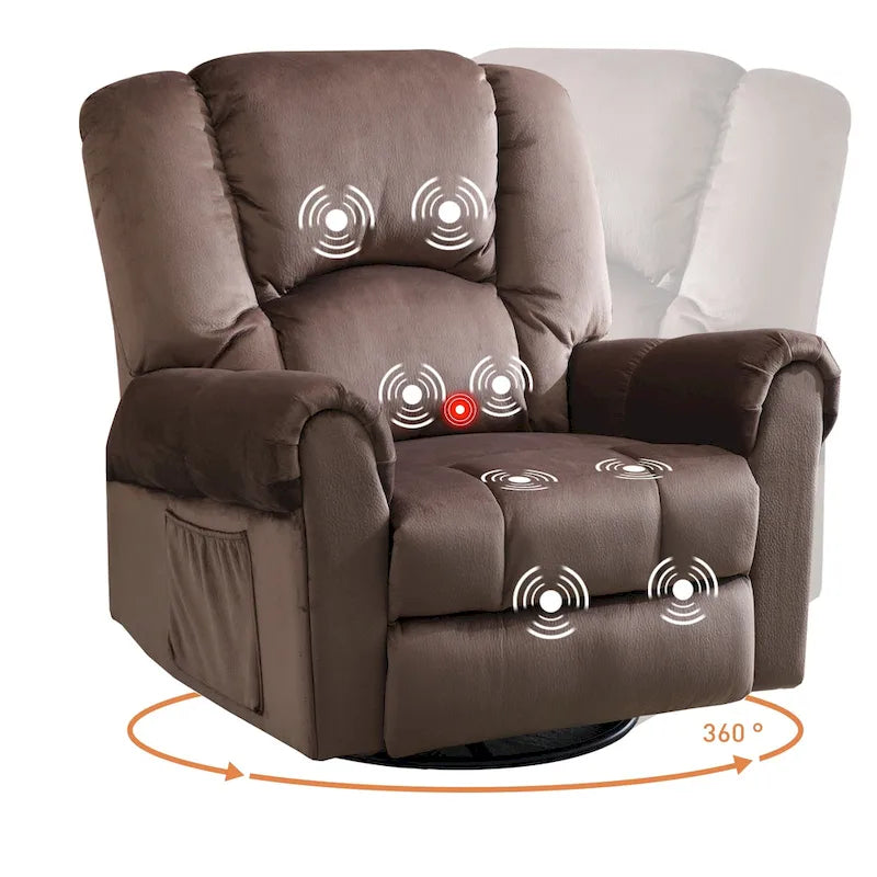 Fauteuil inclinable pivotant et basculant de massage chauffant surdimensionné avec poches latérales Marron Noir