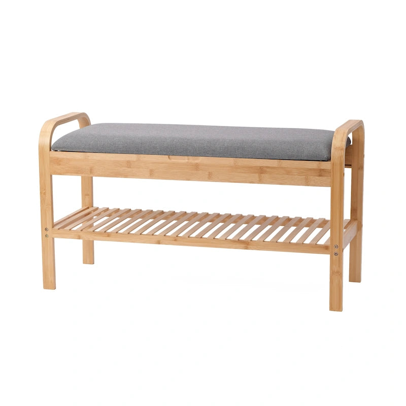 Bamboo Shoe Storage Bench with Grey Padded Linen Cushion