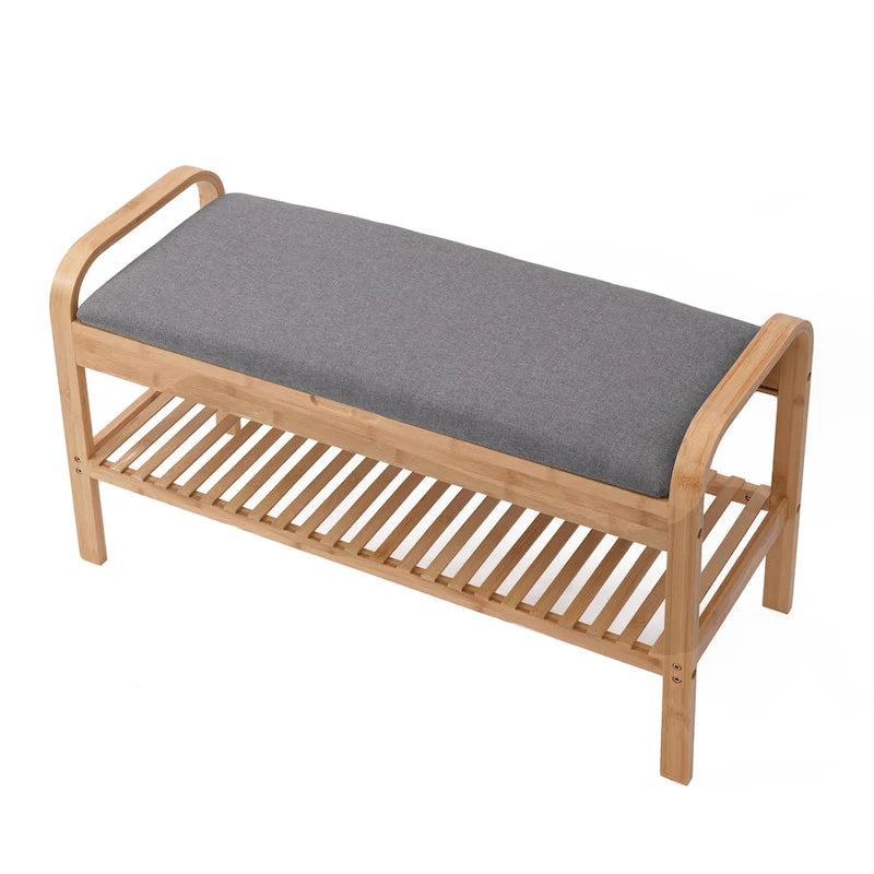 Bamboo Shoe Storage Bench with Grey Padded Linen Cushion
