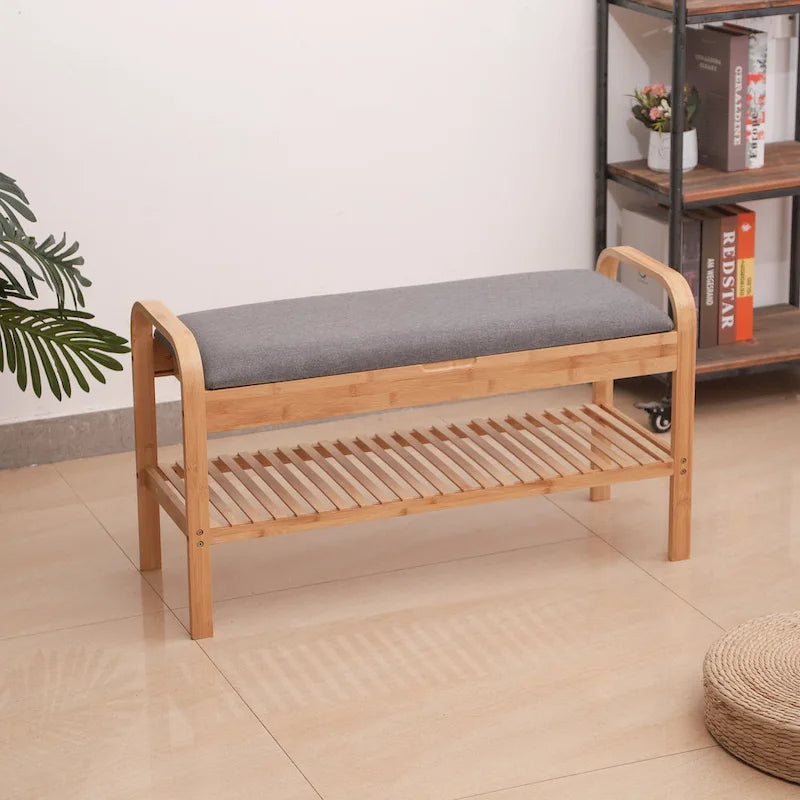 Bamboo Shoe Storage Bench with Grey Padded Linen Cushion