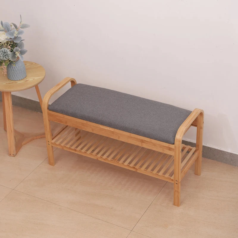 Bamboo Shoe Storage Bench with Grey Padded Linen Cushion