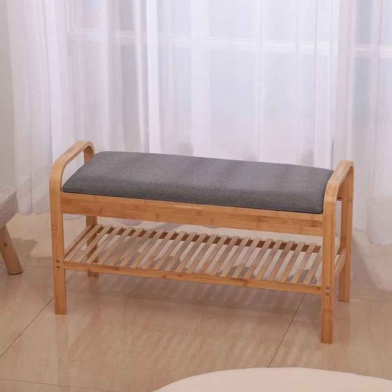 Bamboo Shoe Storage Bench with Grey Padded Linen Cushion