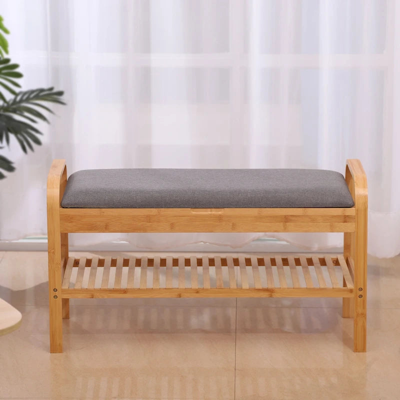 Bamboo Shoe Storage Bench with Grey Padded Linen Cushion