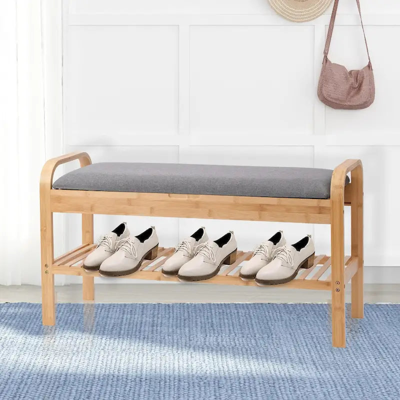 Bamboo Shoe Storage Bench with Grey Padded Linen Cushion
