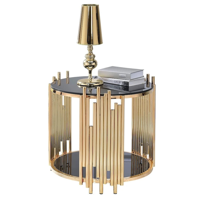 Modern Metal and Glass End Table with Tubing Design, Black and Gold