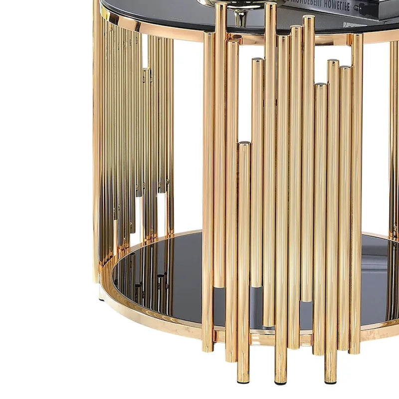Black Smoked Glass Round End Table Gold Tubular Metal Frame