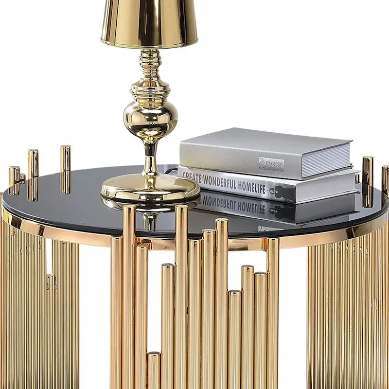 Black Smoked Glass Round End Table Gold Tubular Metal Frame
