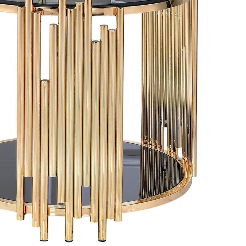 Black Smoked Glass Round End Table Gold Tubular Metal Frame