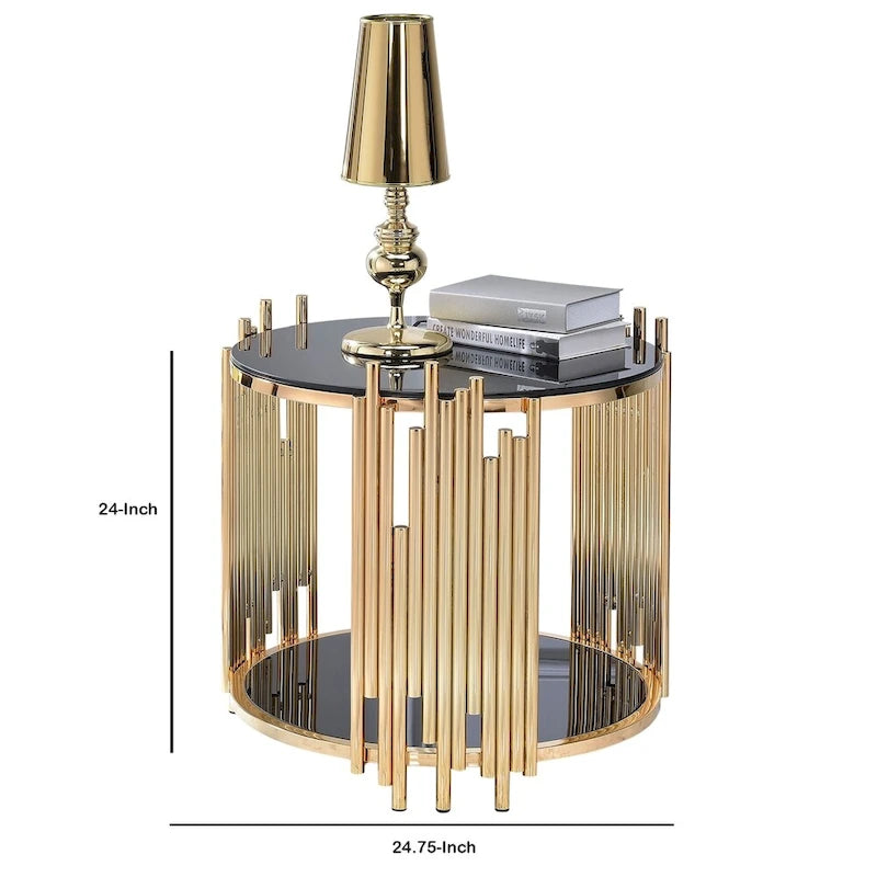 Black Smoked Glass Round End Table Gold Tubular Metal Frame