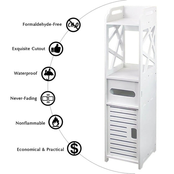 White 4-Tier Freestanding Bathroom Storage Cabinet with Decorative Doors