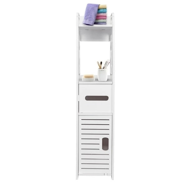Meuble de rangement de salle de bain autoportant blanc à 4 niveaux avec portes décoratives