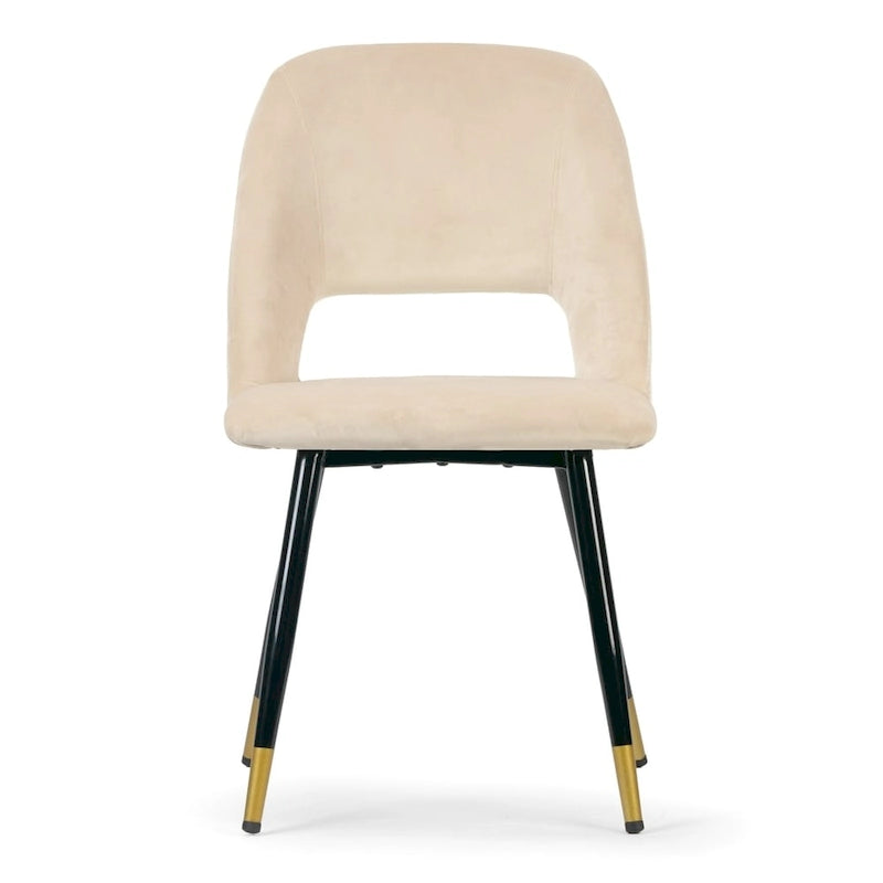 Beige Velvet Dining Chair with Open Back and Golden Accented Black Legs