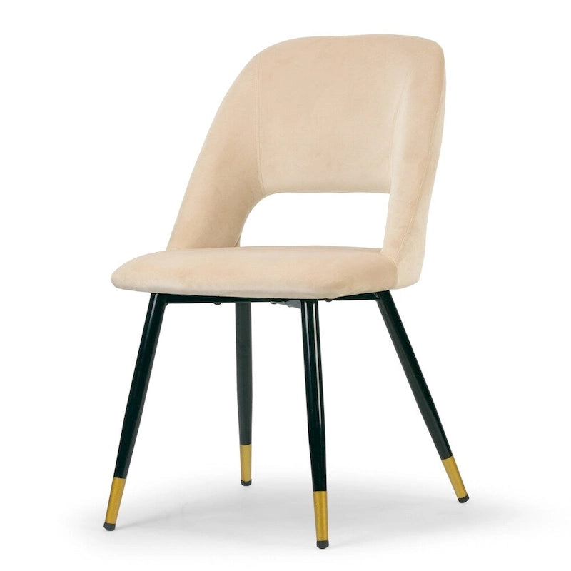 Beige Velvet Dining Chair with Open Back and Golden Accented Black Legs