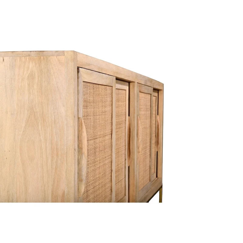 Buffet en bois de manguier massif avec 4 portes coulissantes en rotin et piètement en métal doré - Marron