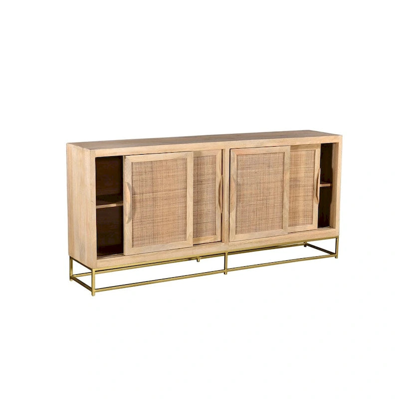 Natural Cane 4 Sliding Door Sideboard Solid Mango Wood Gold Metal Base Brown