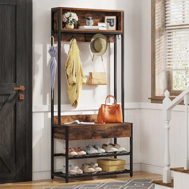 Industrial Hall Tree with Shoe Bench, Hooks, Drawer and Storage Shelves