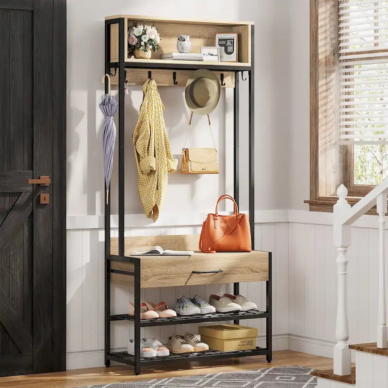 Industrial Hall Tree with Shoe Bench, Hooks, Drawer and Storage Shelves