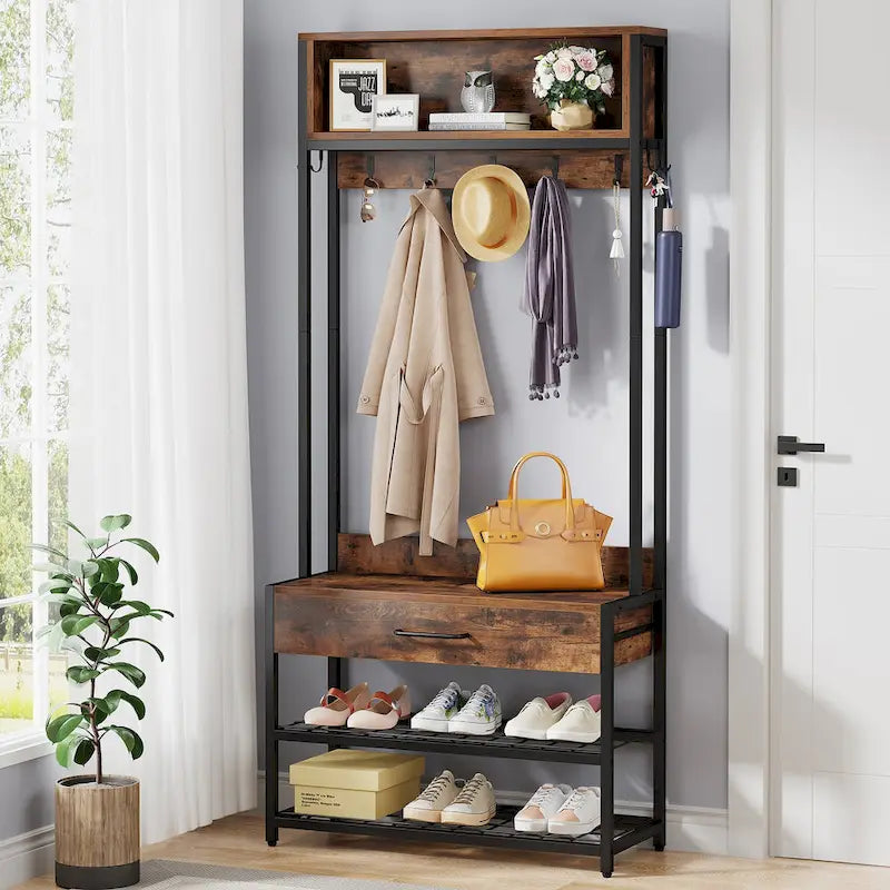 Industrial Hall Tree with Shoe Bench, Hooks, Drawer and Storage Shelves