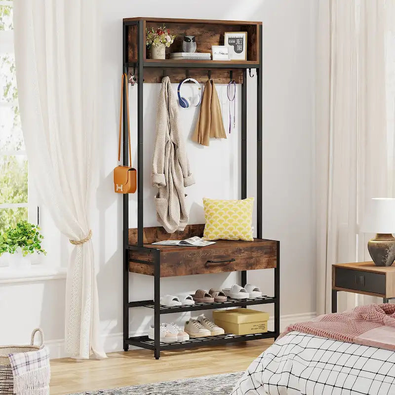 Industrial Hall Tree with Shoe Bench, Hooks, Drawer and Storage Shelves