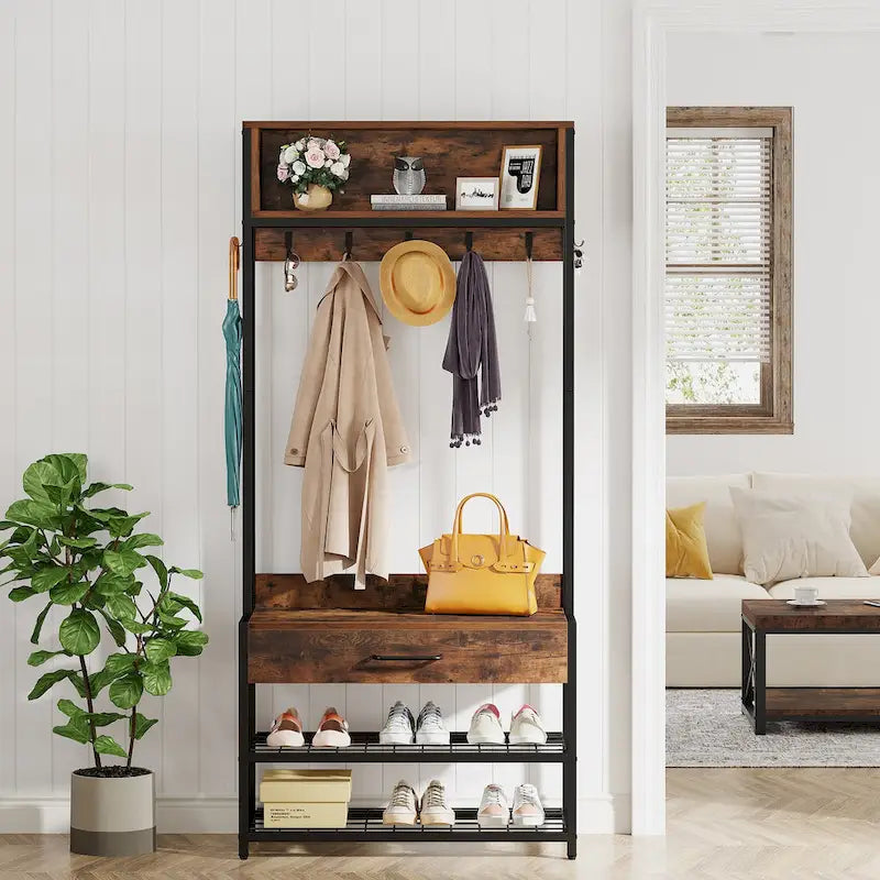 Industrial Hall Tree with Shoe Bench, Hooks, Drawer and Storage Shelves