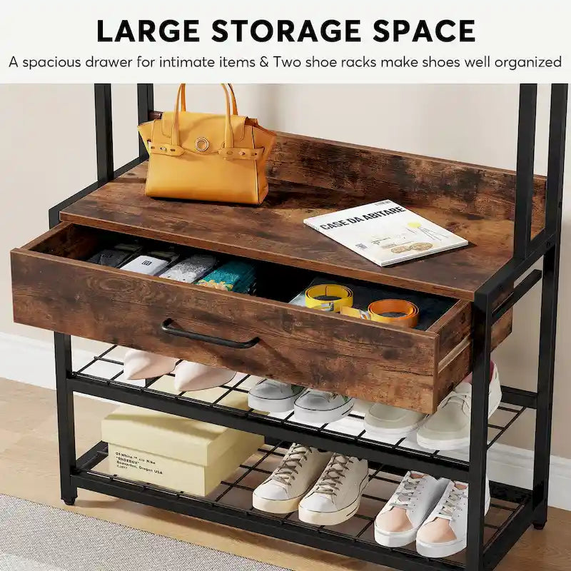 Industrial Hall Tree with Shoe Bench, Hooks, Drawer and Storage Shelves