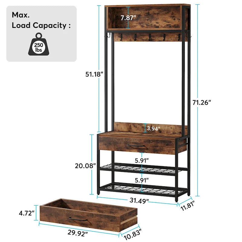 Portemanteau industriel avec banc à chaussures, patères, tiroir et étagères de rangement