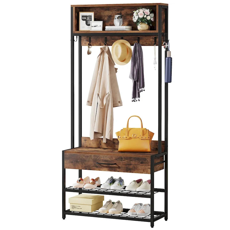 Portemanteau industriel avec banc à chaussures, patères, tiroir et étagères de rangement