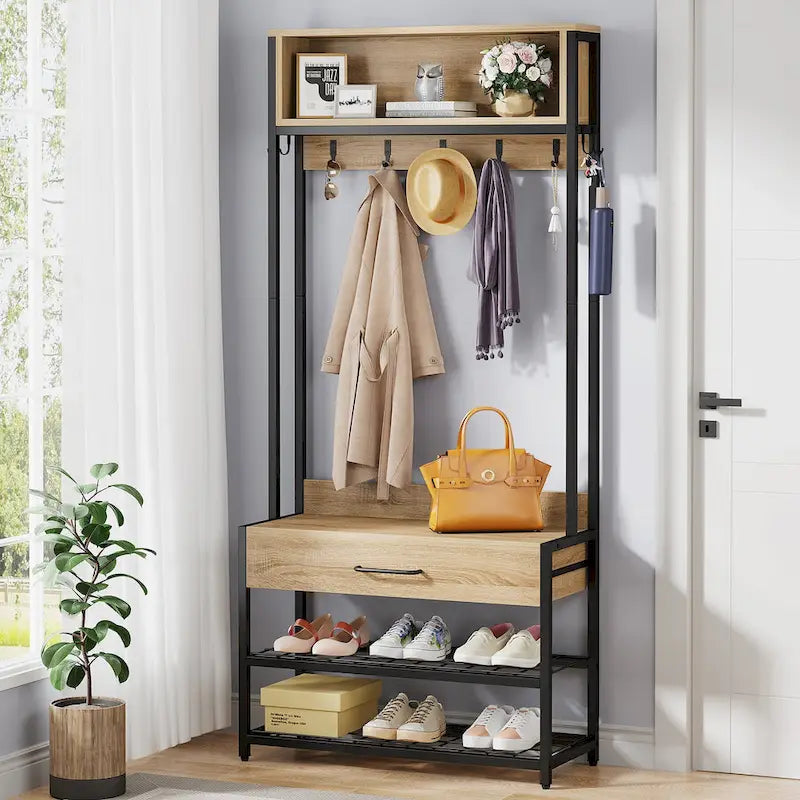 Portemanteau industriel avec banc à chaussures, patères, tiroir et étagères de rangement