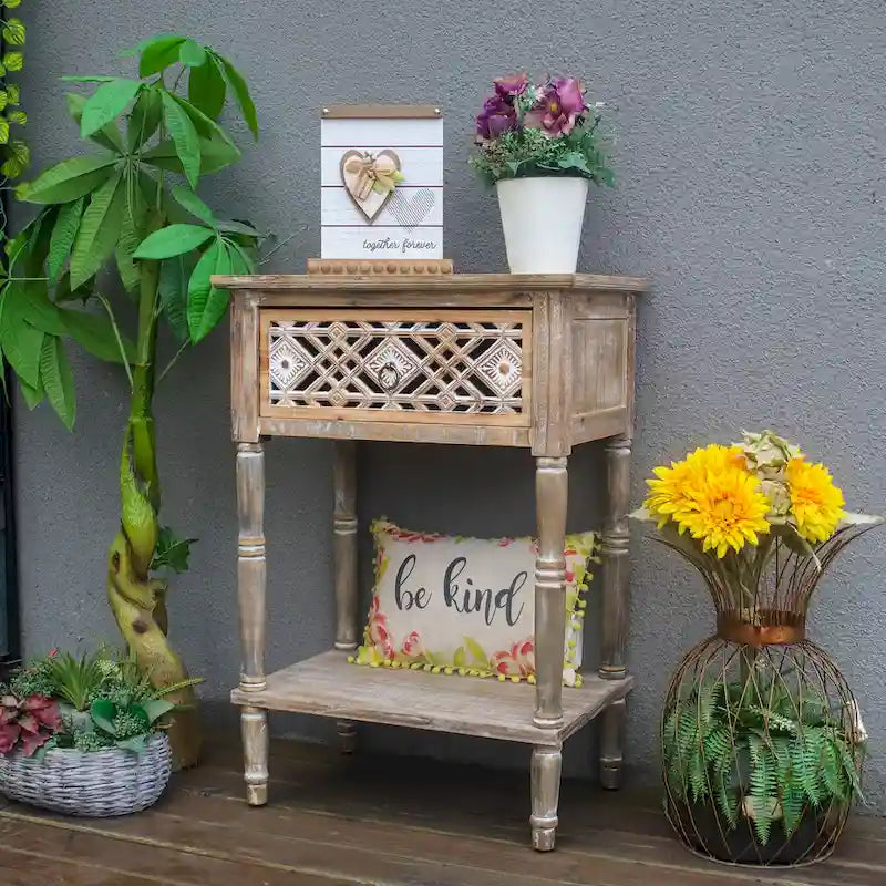 Distressed Wood Accent Side Table with Carved Geometric Drawer and Open Shelf