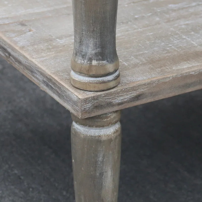 Distressed Wood Accent Side Table with Carved Geometric Drawer and Open Shelf