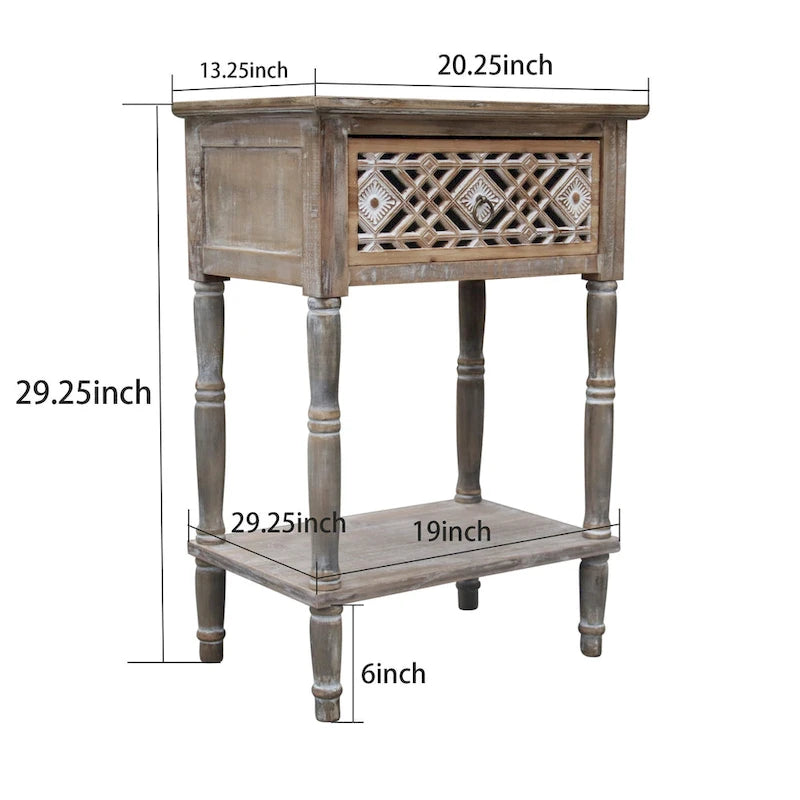 Table d'appoint en bois vieilli avec tiroir géométrique sculpté et étagère ouverte