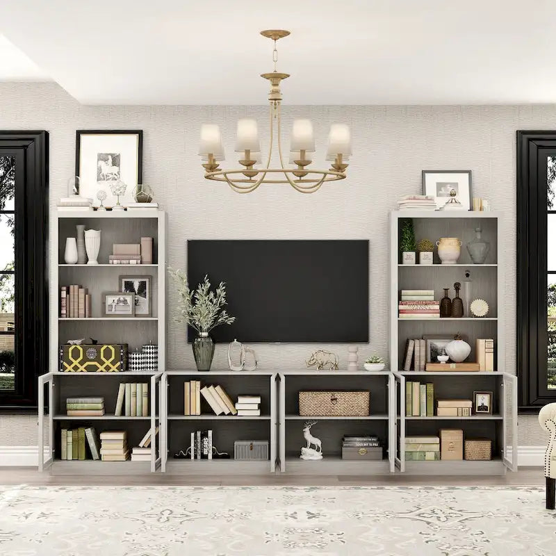 Gray Wood Grain TV Stand Entertainment Center with Glass Doors Storage Shelves