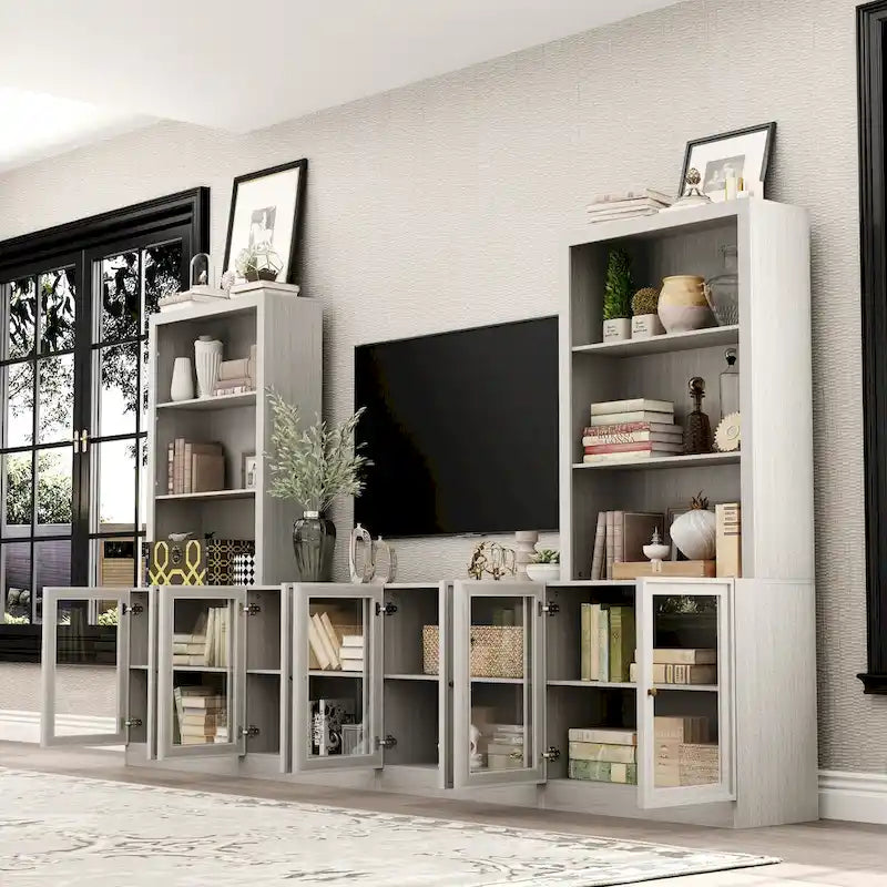 Gray Wood Grain TV Stand Entertainment Center with Glass Doors Storage Shelves