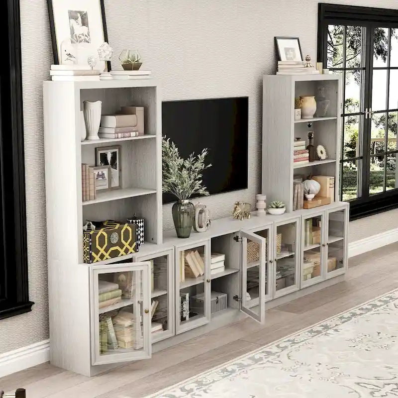 Gray Wood Grain TV Stand Entertainment Center with Glass Doors Storage Shelves