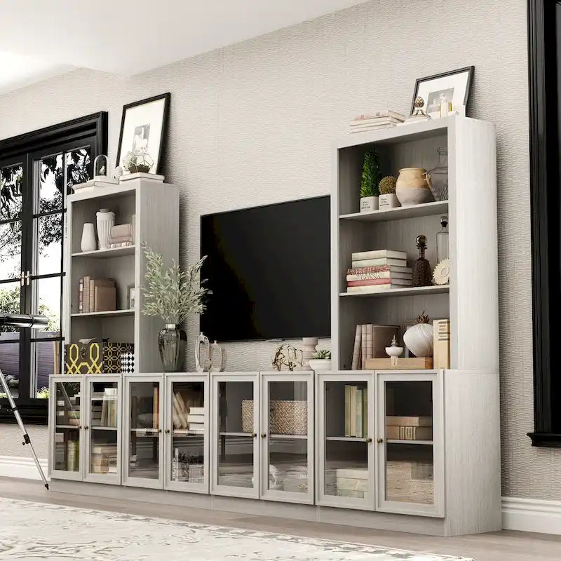 Gray Wood Grain TV Stand Entertainment Center with Glass Doors Storage Shelves
