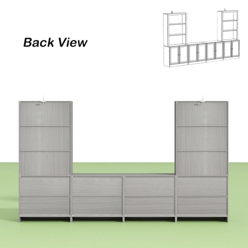 Meuble TV gris imitation bois avec portes en verre et étagères de rangement